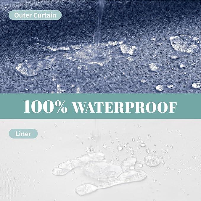eachope MoonLightBlue No Hook Waffle Weave Shower Curtain with snap-in Liner Replacement, 230GSM Waterproof Fabric Hotel Shower Curtain Set for Bathroom, Through Mesh Top Window,71Wx77H - ModernBath