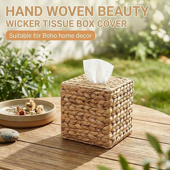 Rattan Tissue Box Cover, Square Wicker Tissue Box Holder, Handwoven Boho Decorative Cube Napkin Box, Rustic Water Hyacinth Tissue Holders for Bathroom Office Table Livingroom Local Stock - ModernBath