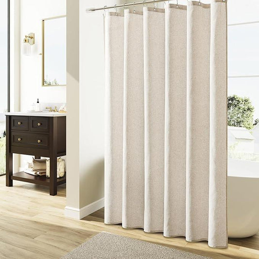 Naturoom Linen Shower Curtain 74 Inch Long Weighted Thick Fabric Bath Shower Curtain Set with Hooks, XLong Tall Country Farmhouse Beige Curtains for Bathroom, 72x74 - ModernBath