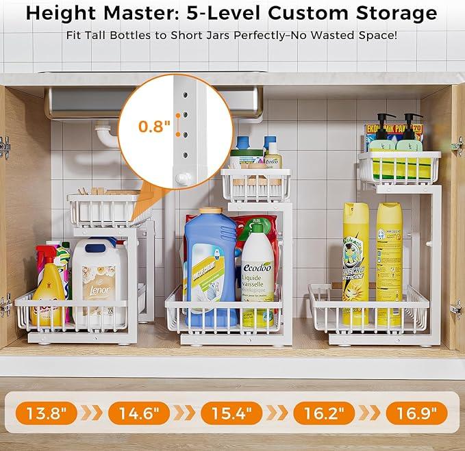 Under Sink Organizer,2 Pack Under Kitchen Sink Organizer,2 Tier Sliding-Out,5 Level Height Adjustable,Thickened Carbon Steel,Anti-rust Treatment,For Kitchen Bathroom White - ModernBath