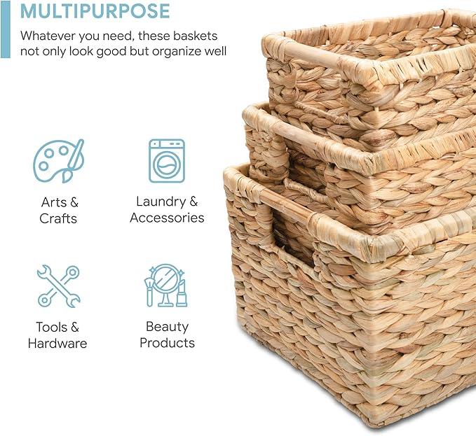 Water Hyacinth Storage Baskets with Wooden Handles, Rectangular Woven Organizer Bins for Closet, Pantry, Bathroom, or Shelves, Natural Decorative Storage Baskets for Home Organization – Set of 3 - ModernBath
