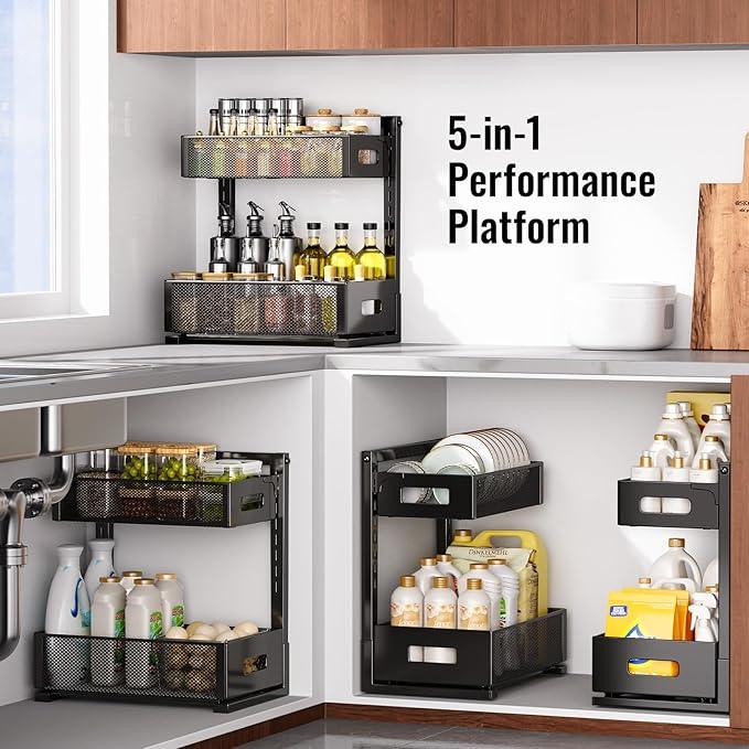 2 Pack Under Sink Organizer and Storage, Metal Under Kitchen Sink Organizer, Slide Out Bathroom Organizers and Storage, Undersink Organizers for Kitchen Bathroom Cabinet - ModernBath