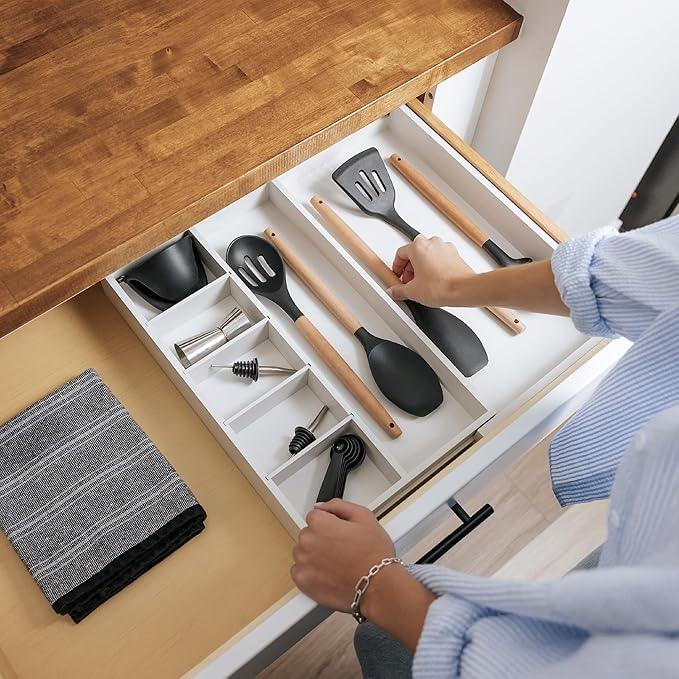 KitchenEdge Adjustable Kitchen Drawer Organizer for Utensils and Junk, Food-Safe Contract Grade with 100% Sustainable Wood, Expandable from 10.5 to 19 Inches Wide - White Bamboo - ModernBath