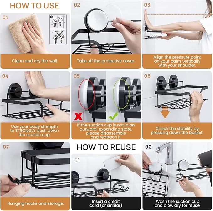 LEVERLOC 2 Pack Shower Caddy Suction Cup, Shower Shelves for Inside, Rustproof Metal Bathroom Storage NO-Drilling Bath Organizer with Large Capacity,Heavy Duty Storage Basket,Home Decor,Black - ModernBath