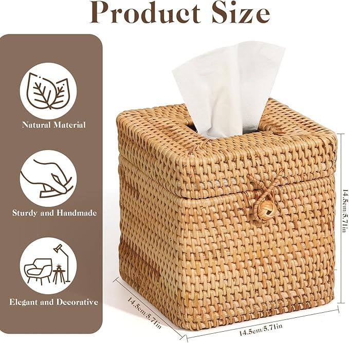 2 Pcs Rattan Tissue Box Cover 5.7" x 5.7" x 5.7"Rattan Square Tissue Box Cover Decorative Woven Facial Tissue Holder with Hinged Top Lid for Home Office Desk Living Room Bathroom Dec - ModernBath