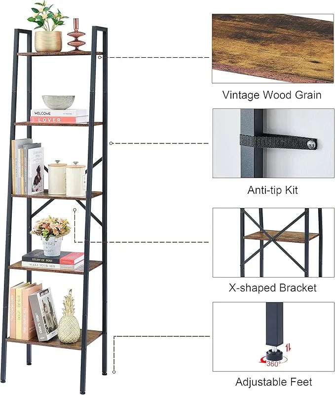 Hoctieon Industrial Ladder Bookshelf, Multifunctional Ladder Shelf, 5-Tier Tall Bookshelf, Open Ladder Shelf Bookcase, for Living Room, Home Office, Kitchen, Bedroom, Metal Frame, Rustic Brown - ModernBath