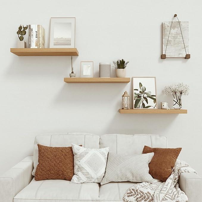 Vivelove Oak Floating Shelves 24 inchs Long, 9.1” Deep Bathroom Shelves Wall Mounted for Bedroom, Living Room, Kitchen, Office, Rustic Home Decor, Wall Shelves with Invisible Brackets, Set of 2 - ModernBath