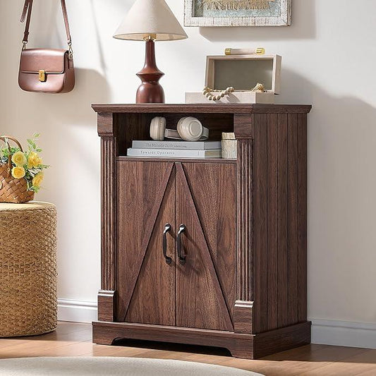 24" Farmhouse Storage Cabinet – Walnut Freestanding Buffet Sideboard with Barn Doors, Adjustable Shelf, Small Coffee Bar for Kitchen, Bathroom & Living Room - ModernBath