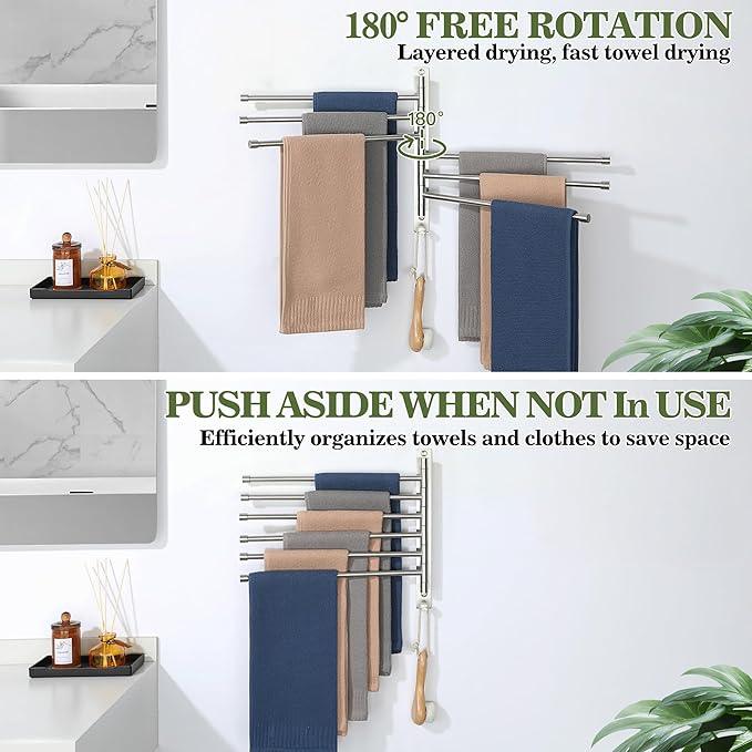 Alise Swivel Towel Rack, SUS304 Stainless Steel 6 Arms Towel Bar, Space Saving Swing Out Towel Bar with Hook, Towel Racks Wall Mounted for Bathroom, Brushed Nickel - ModernBath