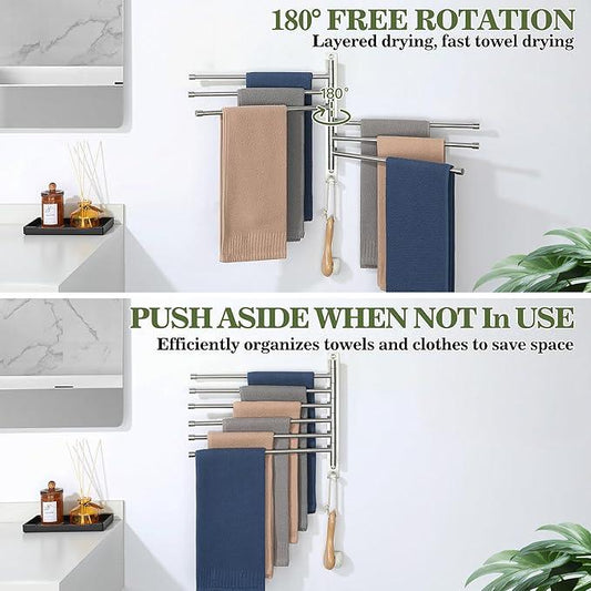 Alise Swivel Towel Rack, SUS304 Stainless Steel 6 Arms Towel Bar, Space Saving Swing Out Towel Bar with Hook, Towel Racks Wall Mounted for Bathroom, Brushed Nickel - ModernBath