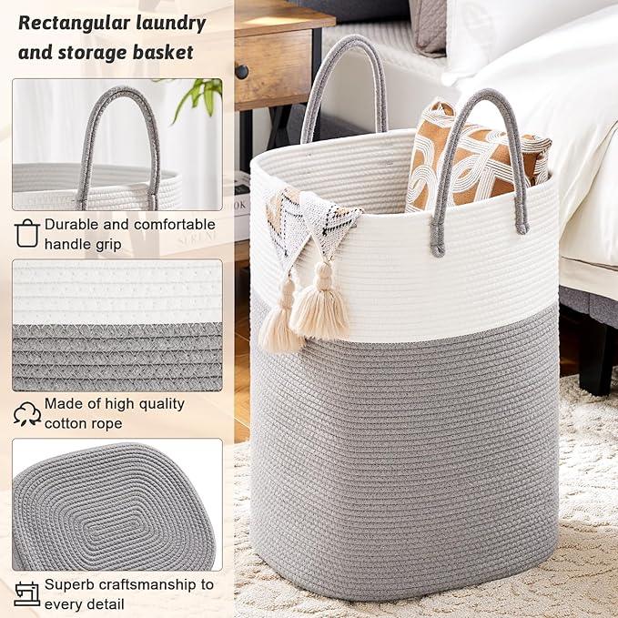Laundry Basket,Woven Cotton Rope Laundry Hamper,Versatile Storage for Dirty Clothes,Baby Toys,and Blankets in Bathroom, Nursery,and Living Room (Grey, 40L) - ModernBath