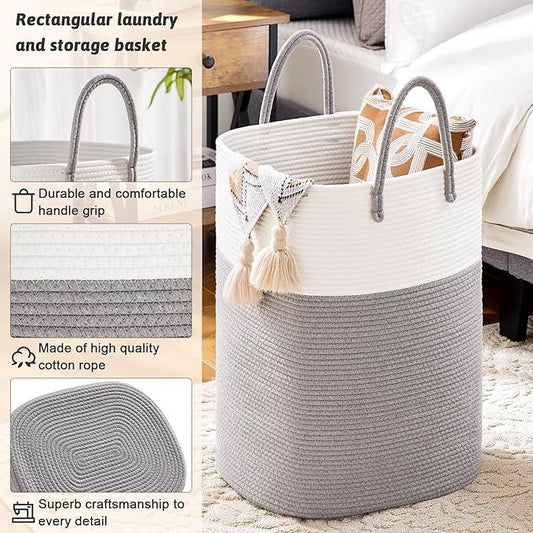 Laundry Basket,Woven Cotton Rope Laundry Hamper,Versatile Storage for Dirty Clothes,Baby Toys,and Blankets in Bathroom, Nursery,and Living Room (Grey, 60L) - ModernBath