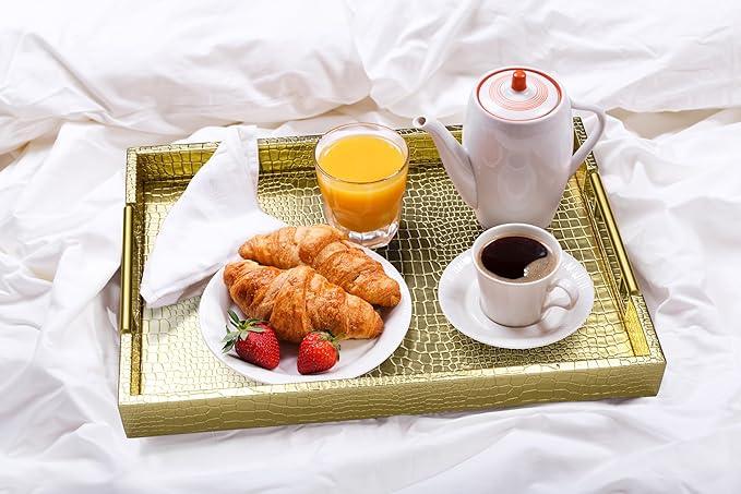 ATZYmolin 17" x 12" Wood Serving Tray with Gold Polished Metal Handles, Home Decorative Wooden Rectangle Ottoman Leather Decor Platter Bathroom Vanity Tray for All Occasions Alligator Gold - ModernBath