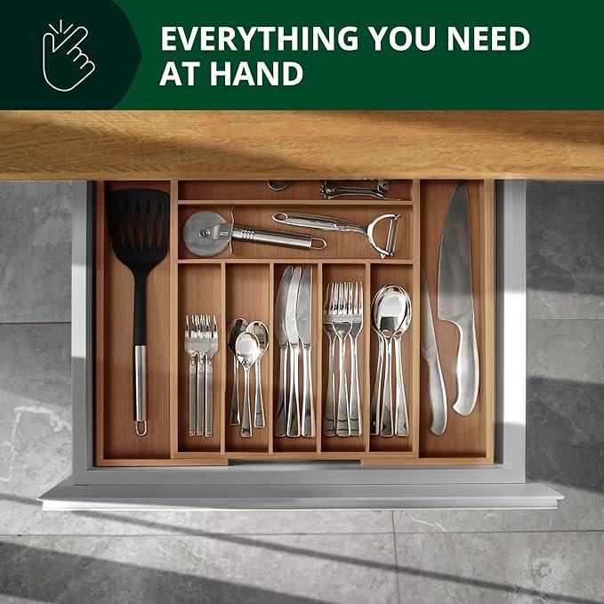 ROYAL CRAFT WOOD Luxury Bamboo Kitchen Drawer Organizer - Silverware Organizer - Utensil Holder and Cutlery Tray with Grooved Drawer Dividers for Flatware and Kitchen Utensils (9 Slot, Brown Bamboo) - ModernBath