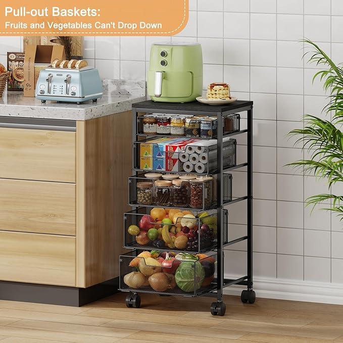 Kitchen Storage Cart with Drawer, 5-Tier Fruit Vegetable Storage Cart, Kitchen Organizer and Storage Cart with Wheels, Wooden Top Metal Wire Pantry Storage Cart rack for for Fruit Snack Onion Potato - ModernBath