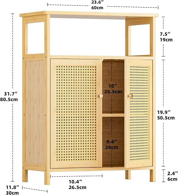 HITNET Rattan Bathroom Storage Cabinet, Bamboo Floor Cupboard with 2 Doors, Freestanding Side Organizer for Living Room, Kitchen, Entryway, Natural - ModernBath