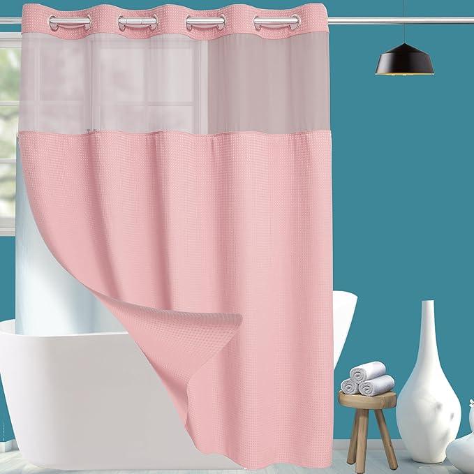 Conbo Mio No Hook Waffle Weave Shower Curtain with Snap in Liner Set, Hotel Luxury Pink Shower Curtains for Bathroom with See Through Top Window, Waterproof, Washable 71W x 74H - ModernBath