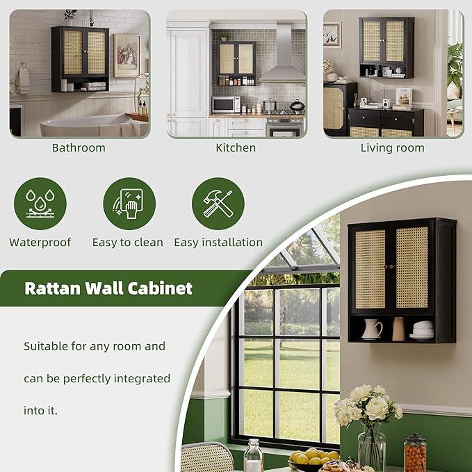 Bathroom Wall Cabinet, Bamboo Over-The-Toilet Storage Organizer with 2 Rattan Doors and Adjustable Shelf, Space Saver Medicine Cabinet for Laundry, Kitchen, Living Room (Black) - ModernBath