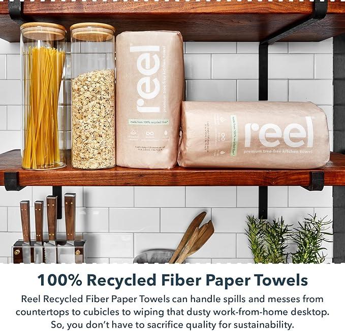 Reel Premium Recycled Paper Towels- 12 Rolls, 2-Ply Made From Tree-Free, 100% Recycled Paper - Eco-Friendly, Hypoallergenic and Zero Plastic Packaging - ModernBath