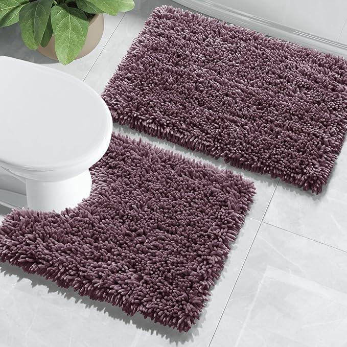 Yimobra Bathroom Rugs Sets 2 Piece, Soft Absorbent Bath Mat and U-Shaped Toilet Rug with Non Slip Backing, Luxury Shaggy Bath Mats for Bathroom, Machine Washable, 24"x17"+24"x20", Dark Purple - ModernBath