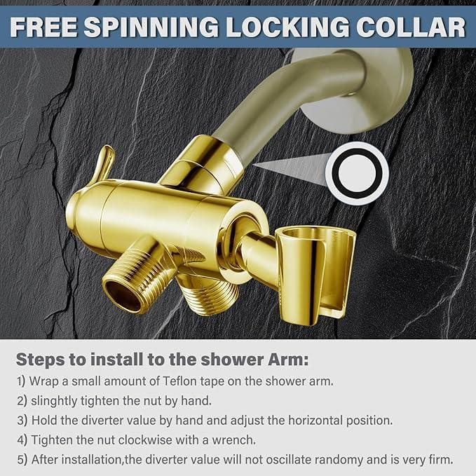 Shower Diverter Valve with Handshower Mount, G1/2 Brass Shower Arm Diverter 3 Way Bathroom Universal Shower System Replacement for Handheld Shower and Fixed Shower Head, Polisded Gold - ModernBath