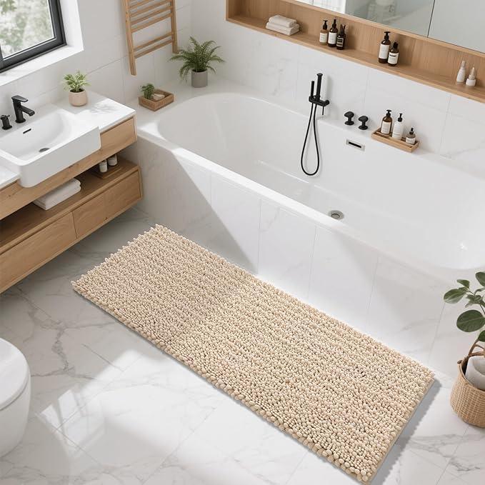 Yimobra Bathroom Runner Rug 60x24 Inch - Extra Long Non Slip Chenille Bath Mat, Soft & Absorbent, Machine Washable Shaggy Hallway Carpet for Vanity Tub Shower, Light Brown Home Decor Accessories - ModernBath