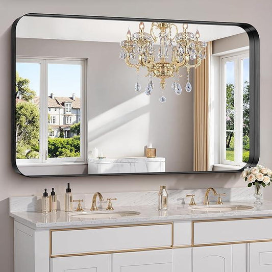 FORBATH 60x36 Inch Large Bathroom Mirror for Double Sinks, Brushed Black Deep Frame Wall Mirror with Rounded Corners, Anti-Rust Tempered Glass for Modern Farmhouse Vanity (Horizontal/Vertical) - ModernBath