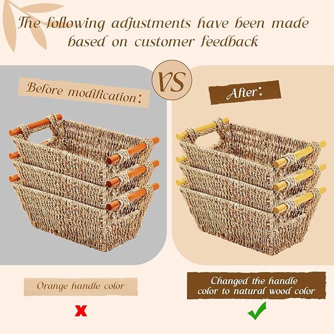 Marsui 12 Pcs Small Hand Woven Wicker Baskets with Wooden Handles, Seagrass Rattan Storage Baskets Bin Organizer Shelf Pantry for Bathroom Storage Towel Kitchen Washroom Gifts Decor, 9" x 6" x 4" - ModernBath