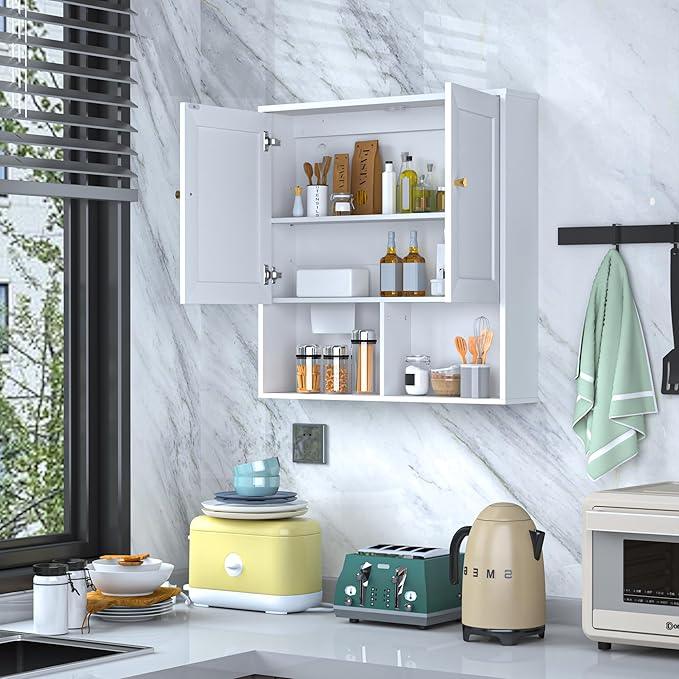 Bathroom Wall Cabinet, Medicine Cabinet with 2 Door and Adjustable Shelves,3-Tier Wood Hanging Storage Over The Toilet,White Wall Mounted Cabinet for Bathroom, Kitchen,Laundry Room - ModernBath