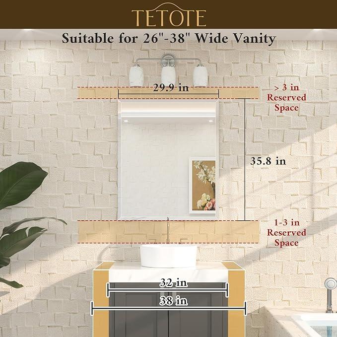 TETOTE 30" x 36" Rectangle Mirror with Frameless Tempered Beveled Edge for Vanity and Bathroom - ModernBath