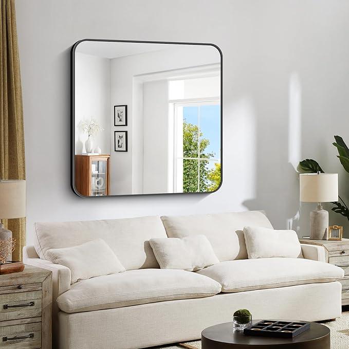 CIVENO Bathroom Mirror, 39x39 inch Black Square Wall Mirror, Metal Frame Rounded Corner Vanity Mirror, Large Wall Mounted Mirror for Modern Bedroom Living Room Horizontal Or Vertical Mounting - ModernBath