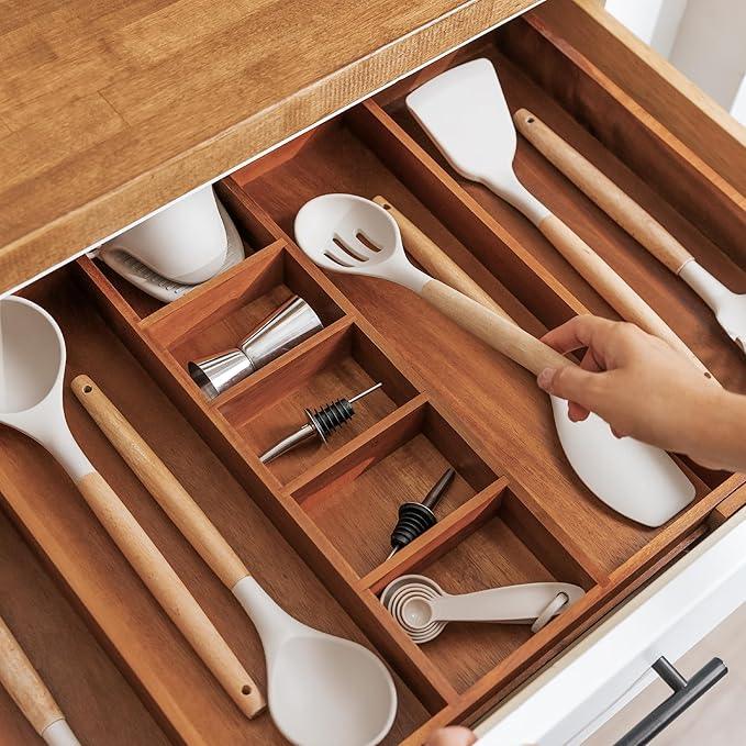 KitchenEdge Adjustable Kitchen Drawer Organizer for Utensils and Junk, Food-Safe Contract Grade with 100% Sustainable Wood, Non-Slip, Expandable from 16" to 28" Wide - Natural Acacia - ModernBath