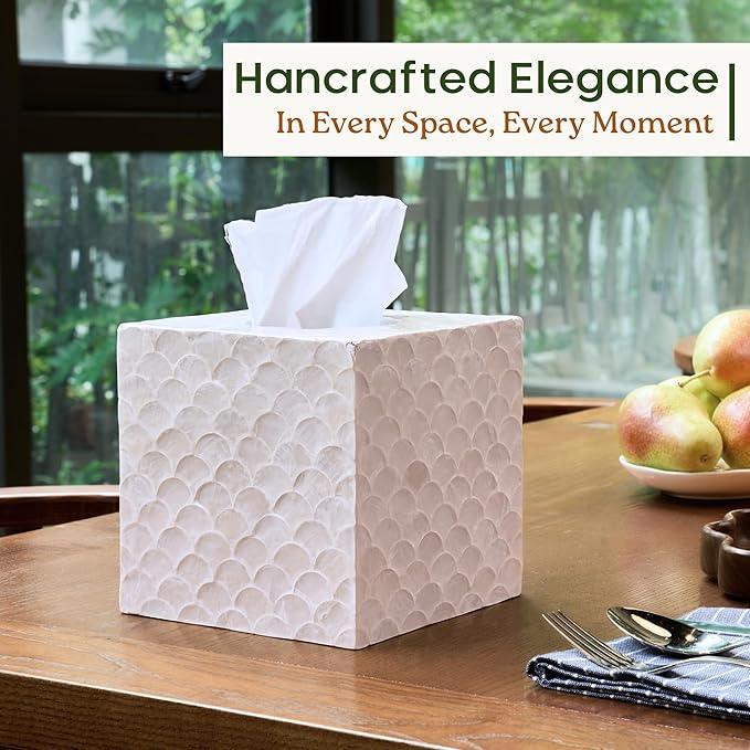 CHI AN HOME 5.8” Capiz Tissue Box Cover, Square Decorative Tissue Holder with Bottom Slider, Handmade Bathroom Accessories, Elegant White Cube for Vanity, Bedroom, Office & Coastal Décor (Natural) - ModernBath