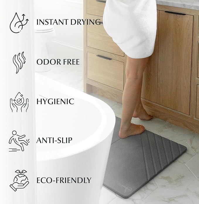Water Stone Quick-Drying Bath Mat, Large (30.7” x 23.6”), Gray - Eco-Friendly, Non-Slip, Super Absorbent Bathroom Shower Mat for Superior Comfort & Safety - ModernBath