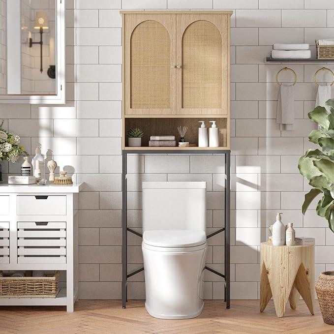 Rattan Toilet Storage Cabinet, Over The Rack Wood Cabinet with Metal Stand, Bathroom Organizer with Adjustable Shelf, Tall Freestanding Washer Shelf, Small Cupboard, Natural - ModernBath