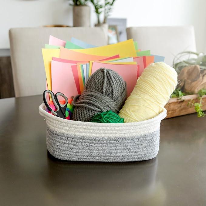 NaturalCozy 5-Piece Rectangle Storage Basket Set- Natural Cotton Rope Woven Baskets for Organizing! Small Basket for Montessori, Baby Nursery, Dog Toy Baskets, Cat Toy Box, Bathroom Organization Bin - ModernBath