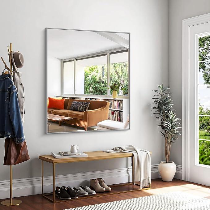 KOCUUY Silver Framed Mirror, 48"x40" Large Rectangle Bathroom Mirror for Wall, HD Tempered Glass, Anti-Rust Brushed Silver Frame, Modern Design for Bathroom, Bedroom, Living Room, Entryway - ModernBath