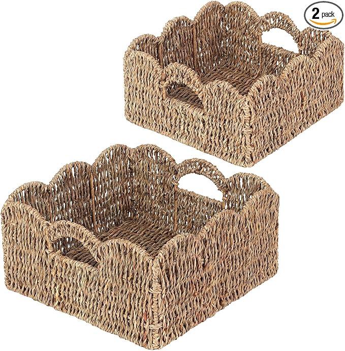 Scalloped Baskets (Natural-Set of 2) Seagrass Basket For Decor, Basket Living Room Organizer, Bathroom, Bedroom, Laundry,... Seagrass Storage Baskets with Built-in Handles. - ModernBath