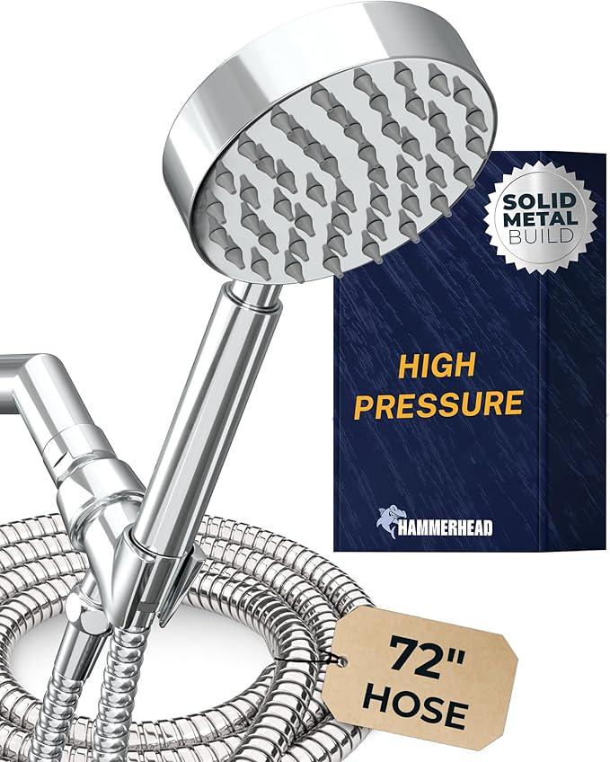 HammerHead Showers® Solid Metal Handheld Shower Head with Hose and Brass Holder - CHROME - 2.5 GPM High Pressure Shower Heads with Adjustable Shower Wand Bracket - 6ft Flexible Extension - ModernBath