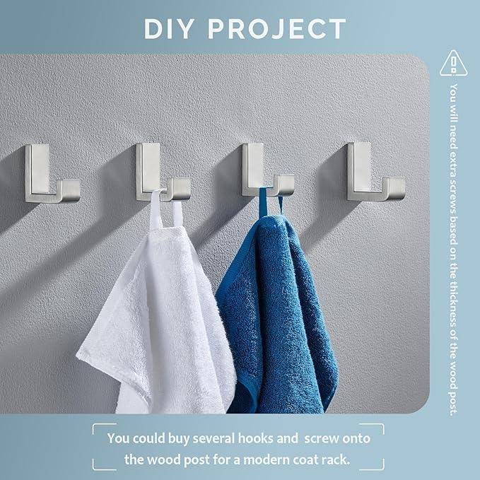 Angle Simple Towel Hooks for Bathroom, SUS 304 Stainless Steel Robe Coat Hooks for Wall, Brushed Nickel, 4 Pack - ModernBath
