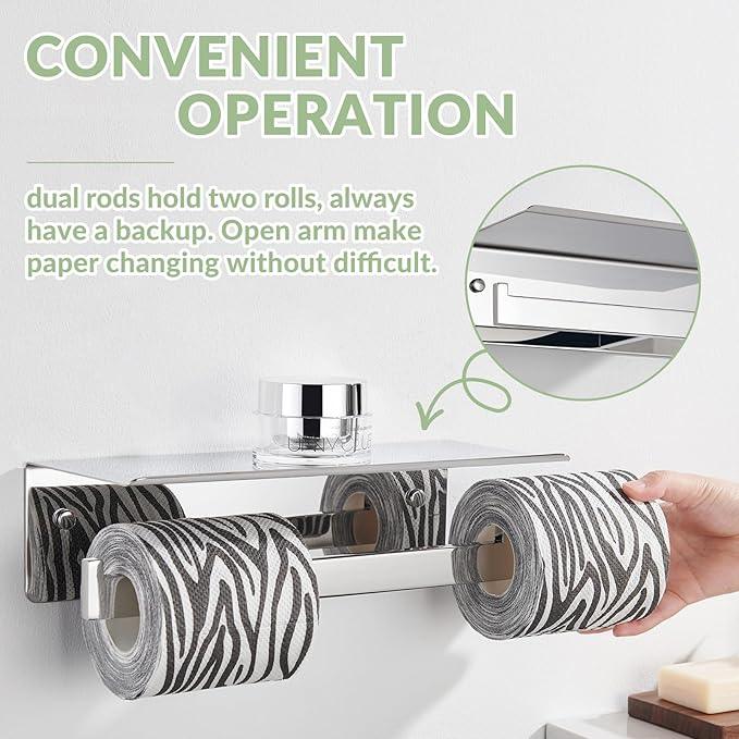 APLusee Double Toilet Paper Holder with Phone Shelf, 304 Stainless Steel Bathroom Tissue Hanger, Wall Mounted Dual Roll Paper Dispenser, Polished Chrome - ModernBath