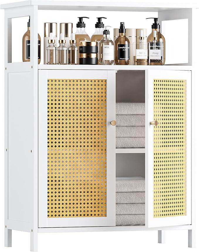 HITNET Bamboo Cabinet, Rattan Storage Cabinet with Doors, Freestanding Floor Cupboard for Bathroom, Living Room, Hallway, White - ModernBath