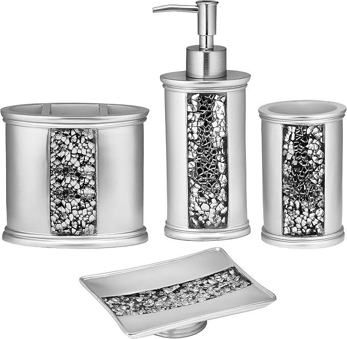 Zahari Home 4pc Sinatra Stylish Bathroom Accessories Set Liquid Soap Dispenser, Tumbler, Tooth Brush Holder and Soap Dish Modern Classic Luxury Decor Bling Mosaic Glass Silver Bathroom Accessories - ModernBath
