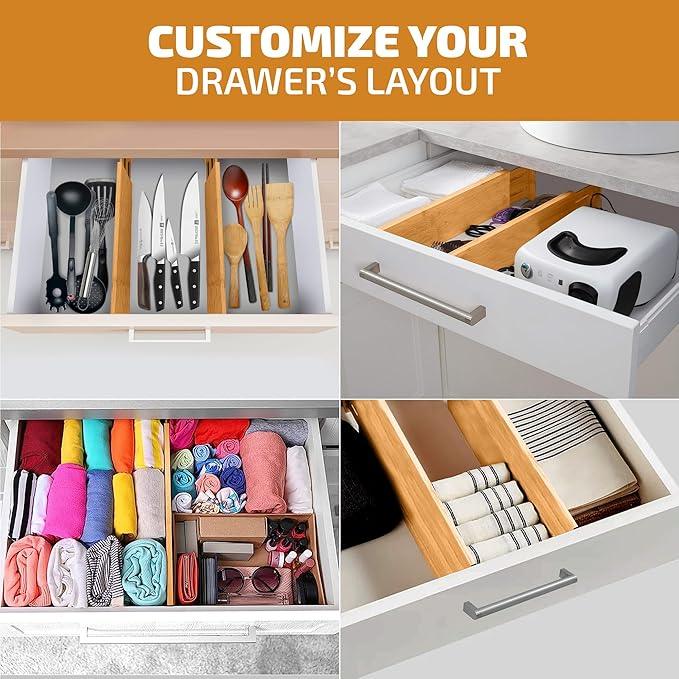 6 Pack Drawer Dividers 4 Inch High, 11”-17" Adjustable Bamboo Organizers Large Expandable Drawer Separators for Cloths, Dresser, Bedroom, Bathroom, Baby Drawer, Office & Kitchen Utensils (Natural) - ModernBath