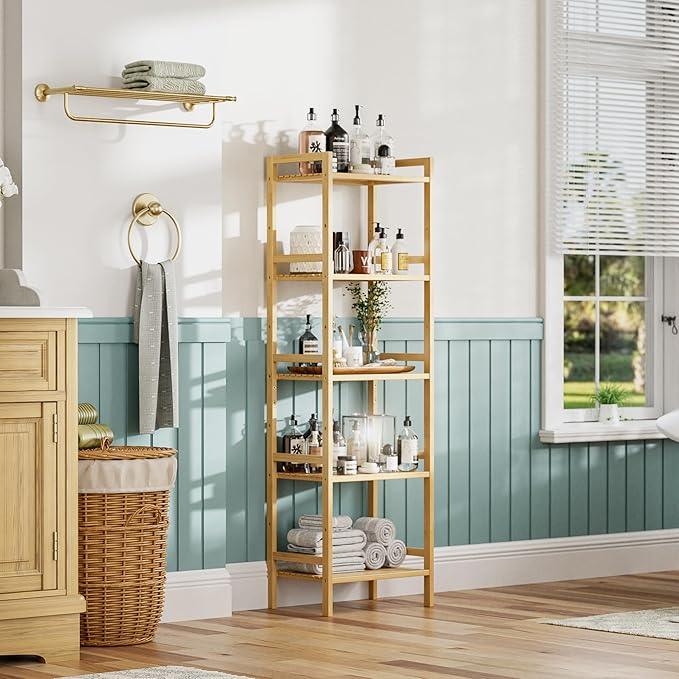HITNET Tall Narrow Bookshelf, 5 Tier Bathroom Shelf Bamboo, Floor Standing Display Storage Organizer for Small Space, Adjustable Shelves, Natural Wood Bookcase - ModernBath