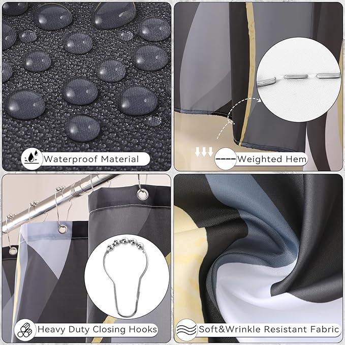 XLHOMO Black Bathroom Set, Bathroom Sets with Stripe Shower Curtain, Black and Gold Bathroom Accessories with Trash Can, Soap Dispenser, Soap Dish, Toilet Brush Holder, Qtip Holders for Bathroom - ModernBath