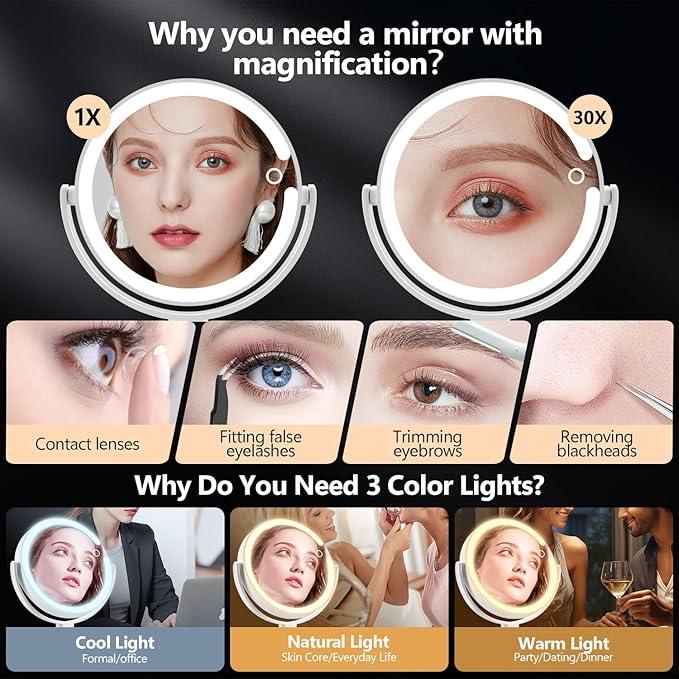 MIYADIVA Makeup Mirror with Lights, 30X Magnifying Mirror with Light and Touch Switch, Vanity Mirror with 3 Color Light and 80 LEDs, Height Adjustable Desk Mirror with Lights, White - ModernBath