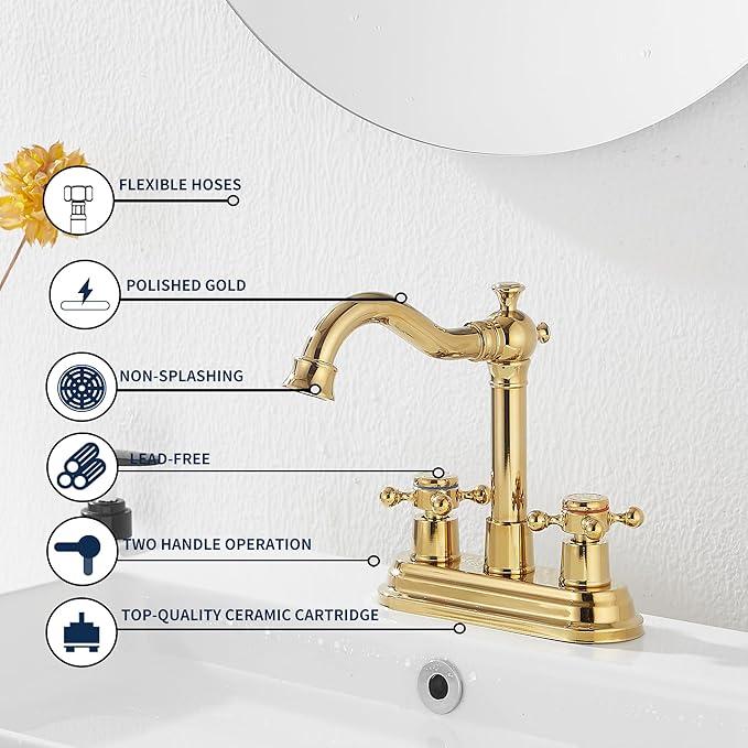 Bathroom Faucet Polished Gold GGStudy 2 Handles 4 Inches Centerset Bathroom Vanity with Drain Assembly and Supply Hose Lavatory Faucet Mixer Double Handle Tap - ModernBath