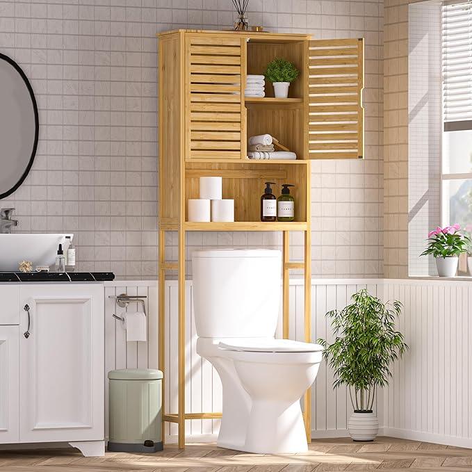 VEIKOU Over The Toilet Storage Cabinet, Bamboo Over Toilet Storage with Removable Shelf, Bathroom Freestanding Over The Toilet Storage with Open Storage, Natural - ModernBath
