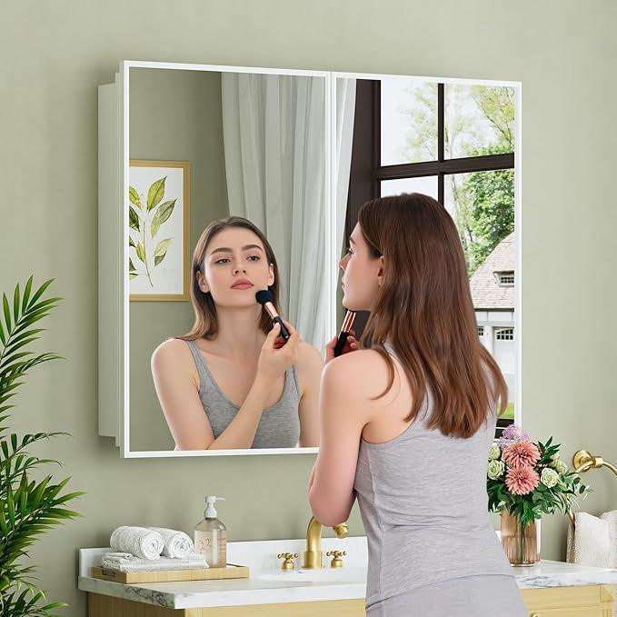 Buruis 36" x 30" Framed Medicine Cabinet with Mirror, Recessed or Wall Mounted Bathroom Cabinet, Adjustable Tempered Glass Shelves, Left/Right Open Reversible, No Assembly Required, White - ModernBath